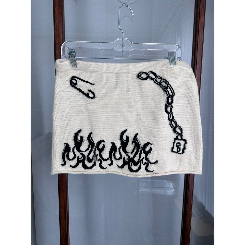 The Ragged Priest Cream Knit Mini Skirt Flames Chain Safety Pin Womens Size 12